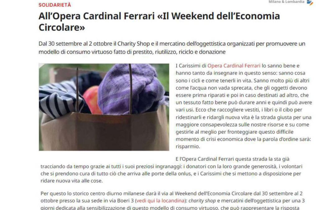 All’Opera Cardinal Ferrari «Il Weekend dell’Economia Circolare»