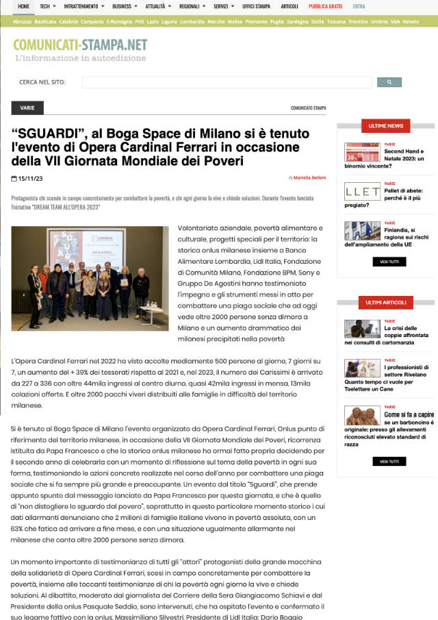 Comunicati-stampa: “SGUARDI”, al Boga Space di Milano si è tenuto l'evento di Opera Cardinal Ferrari in occasione della VII Giornata Mondiale dei Poveri